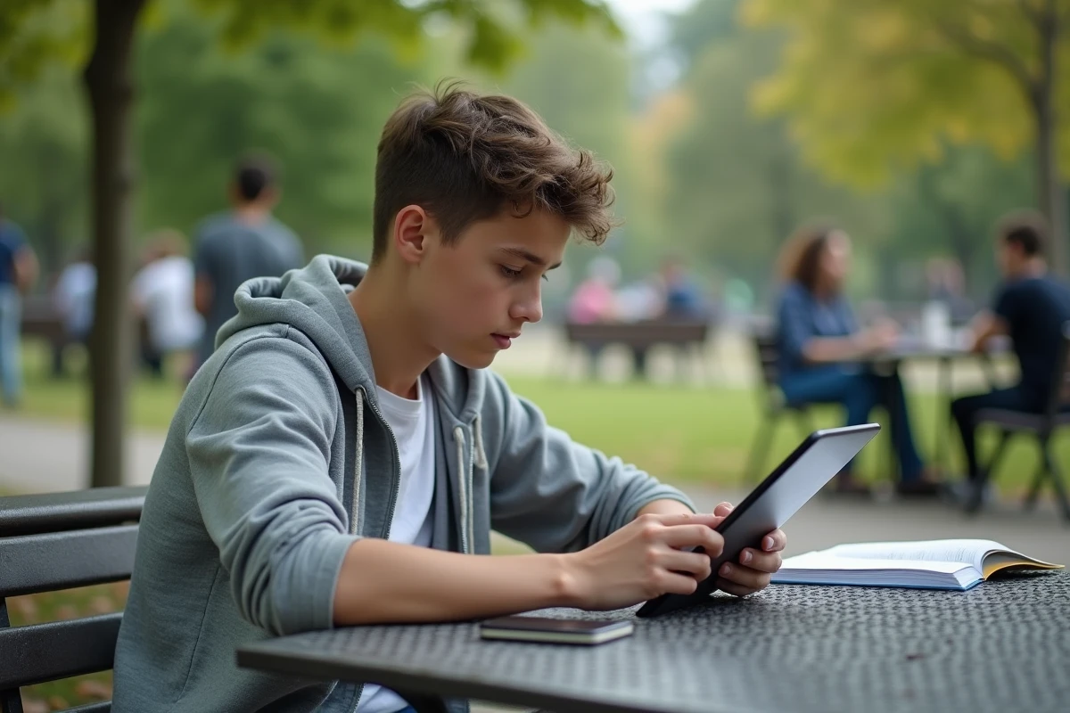 Adolescent étudiant en plein air dans un parc urbain
