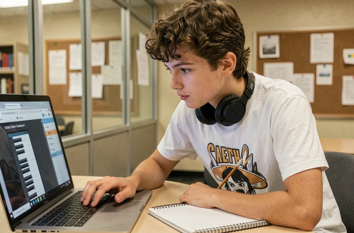 Adolescent apprenant le piano sur ordinateur avec une application de clavier virtuel dans une bibliothèque