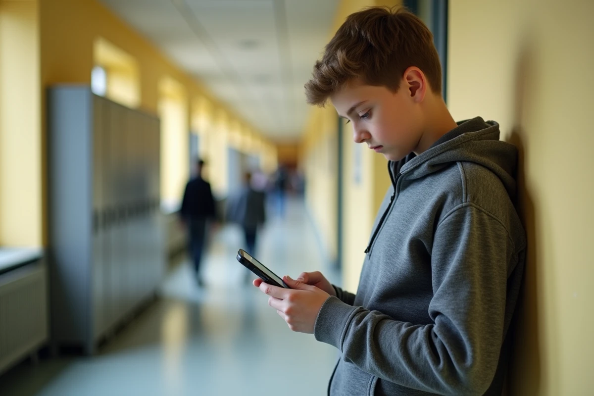 Adolescent accédant à l'ENT 45 Mon e-collège sur mobile dans un couloir de collège