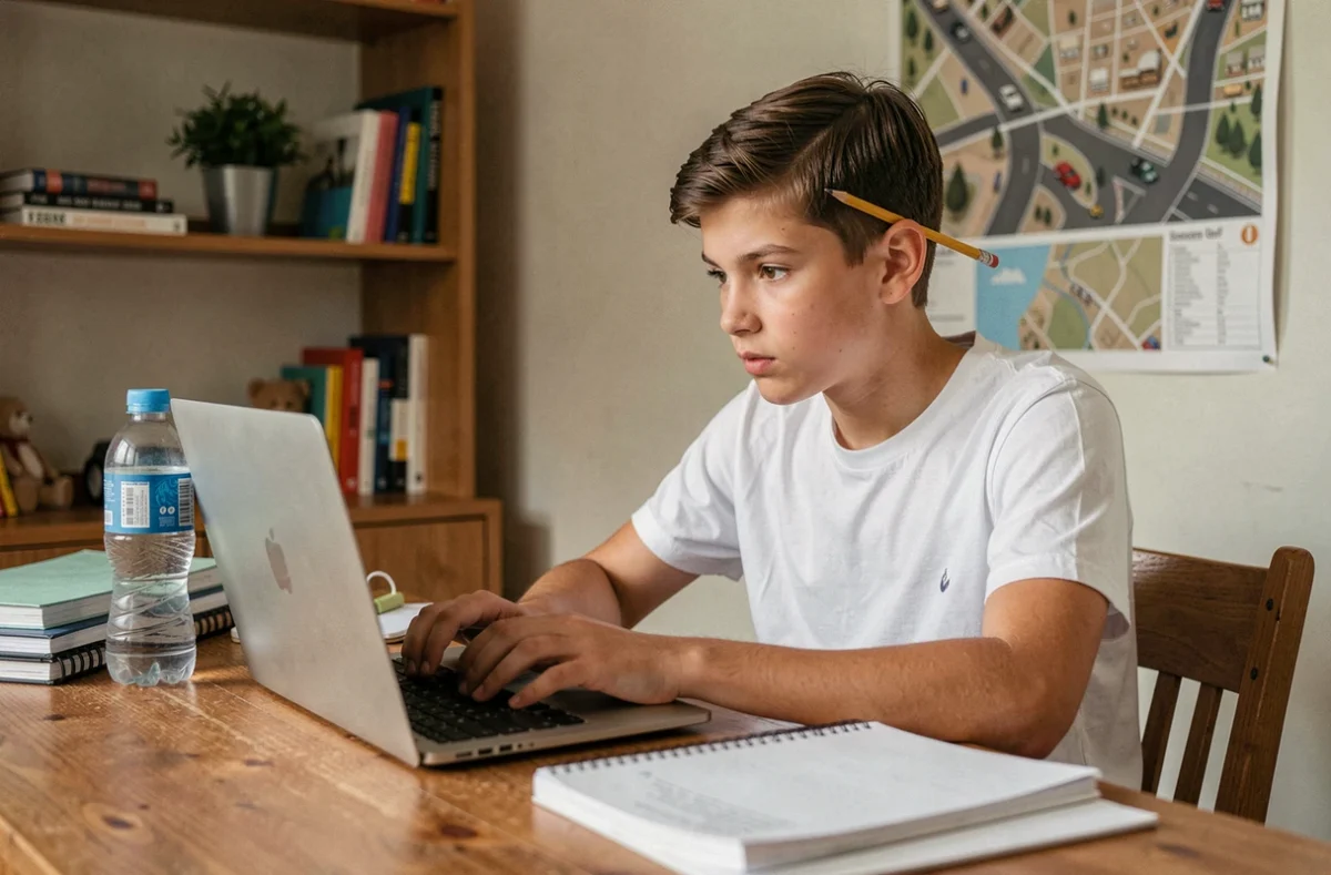 Adolescent préparant l'examen ASSR sur son ordinateur portable depuis sa chambre