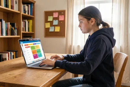 Adolescente utilisant un bureau numérique scolaire sur son ordinateur portable dans sa chambre