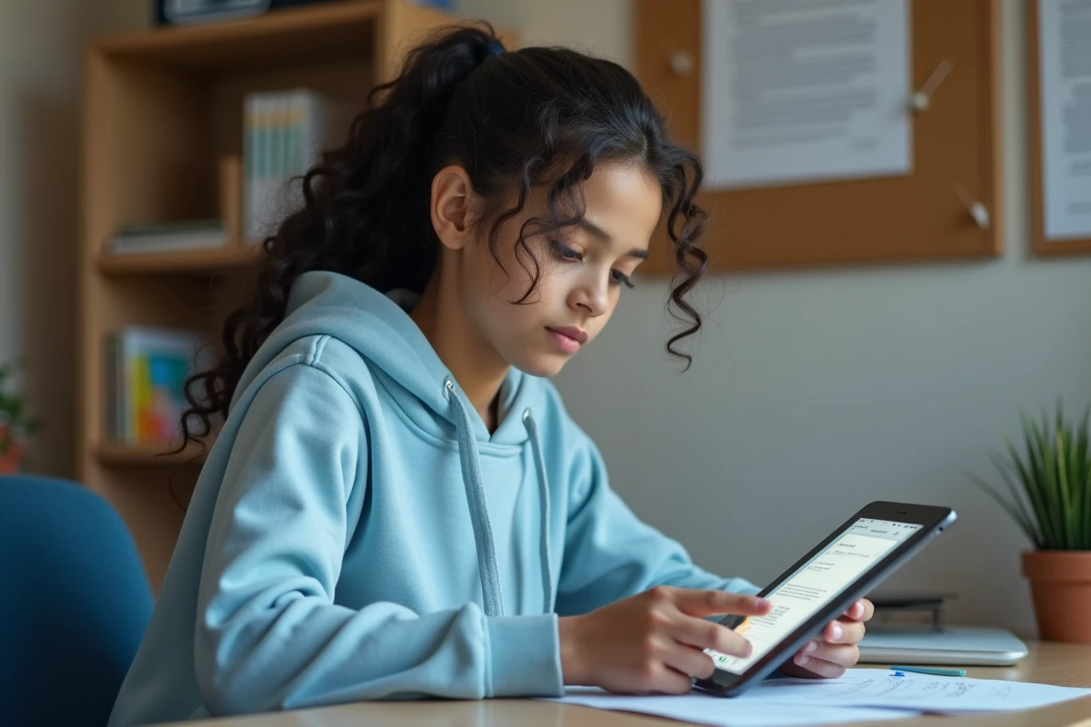 Adolescente consultant ses messages et absences sur l'ENT scolaire depuis sa chambre avec une tablette
