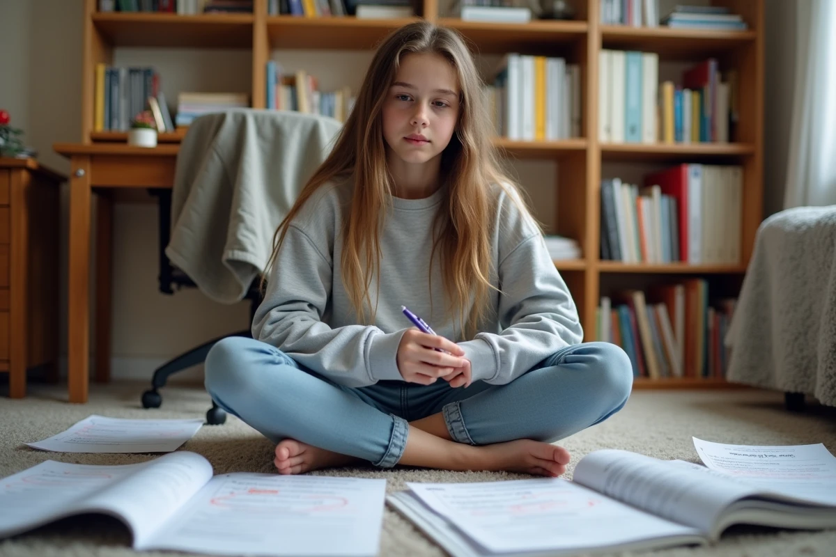Adolescente révisant des fiches de grammaire avec exercices corrigés PDF éparpillés autour d'elle