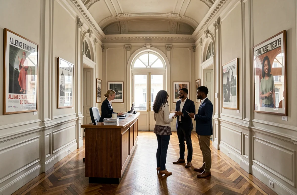 Hall d'entrée de l'Alliance Française de Toulouse avec une réceptionniste accueillant des étudiants devant des affiches culturelles françaises