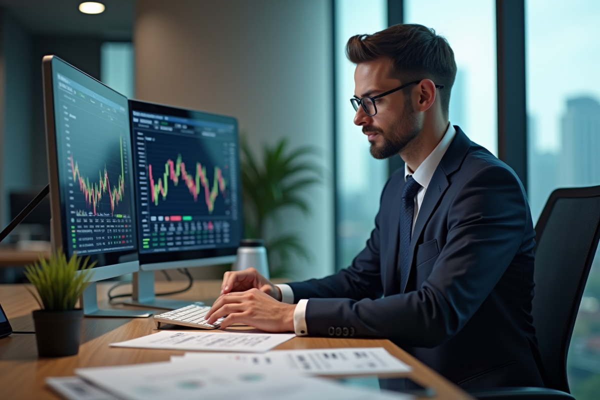 Manager financier analysant des graphiques en bureau moderne