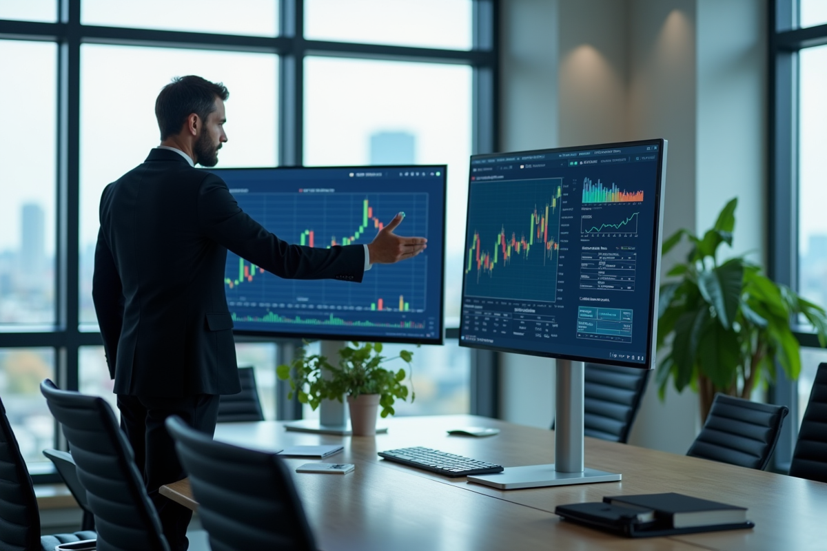 Professionnel d affaires analysant des ecrans financiers modernes