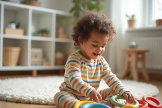 Tout-petit apprenant les couleurs en empilant des anneaux sensoriels colorés sur un plancher en bois dans une salle de jeux