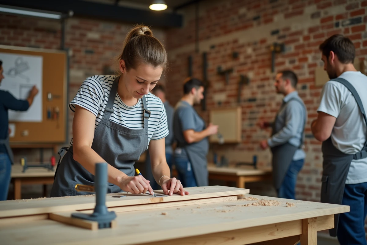 Femme participant à un atelier physique de bricolage avec formateur dans un espace artisanal équipé