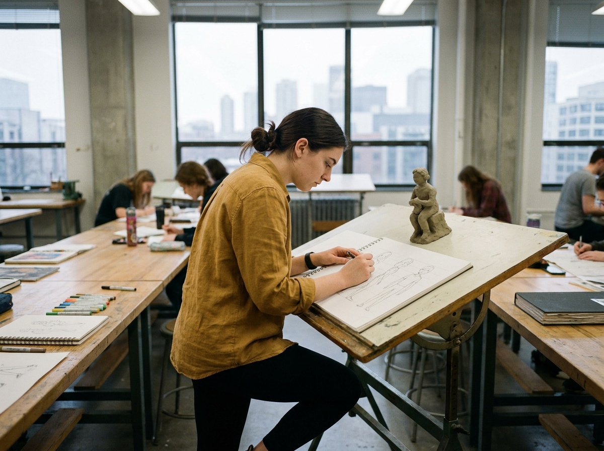 Étudiante en atelier de prépa animation dessinant des planches de personnages en école d'art