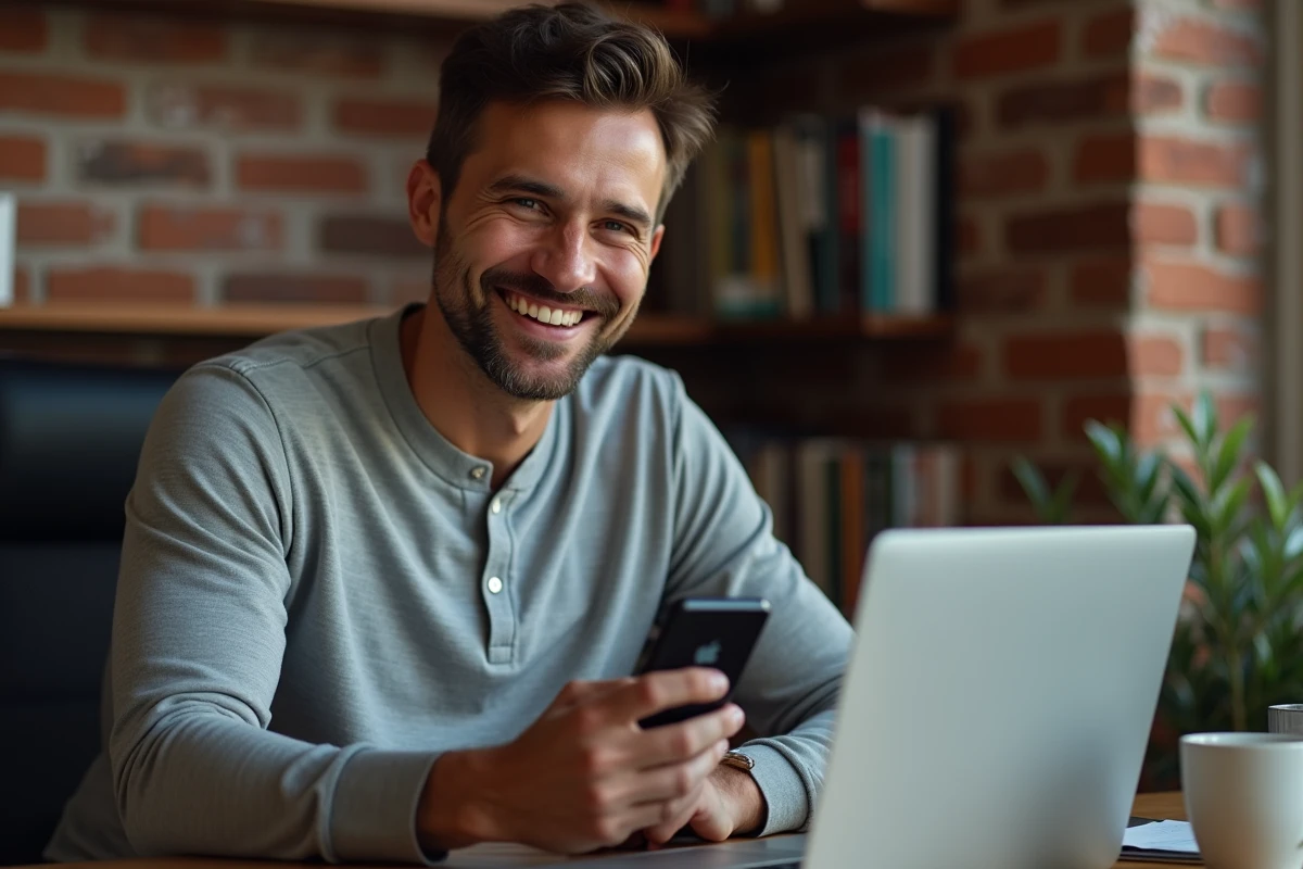 Homme utilisant son smartphone pour valider l'authentification à deux facteurs de son compte en ligne depuis son bureau à domicile