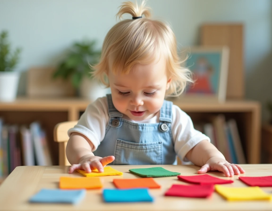 Bébé explorant des carrés de feutrine colorés sur une table d'activités en bois pour apprendre les couleurs