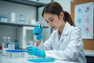 Jeune biologiste en laboratoire utilisant une micropipette