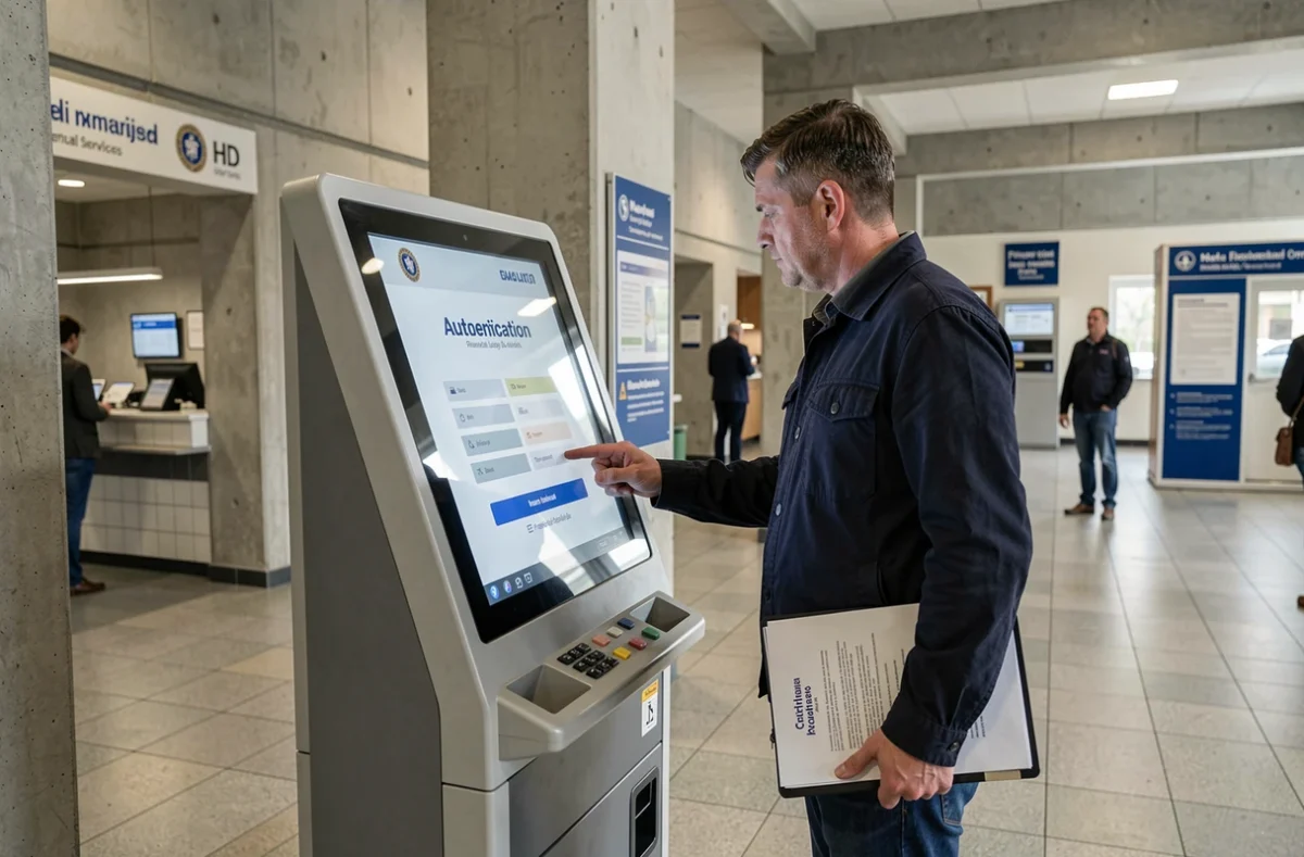 Homme consultant un portail d'authentification sur une borne numérique dans un bâtiment administratif public