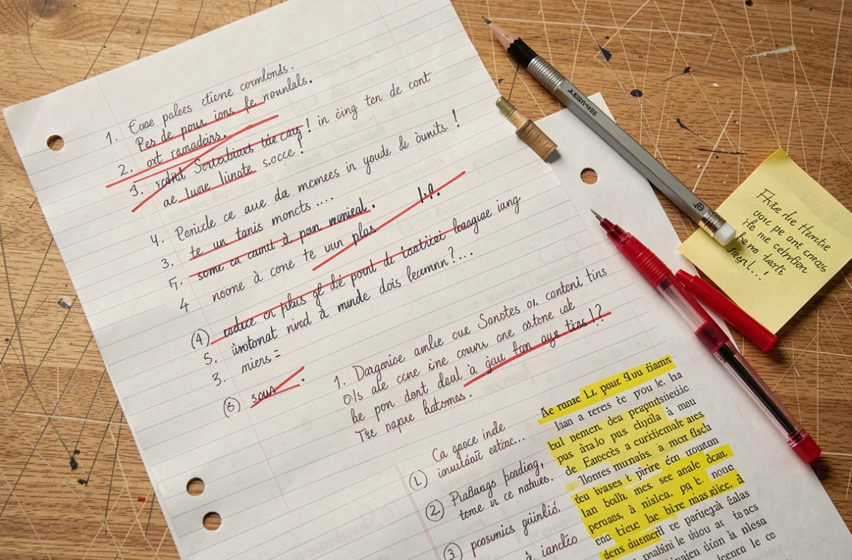 Vue aérienne d'un brouillon manuscrit corrigé de commentaire composé avec annotations en rouge et texte littéraire surligné