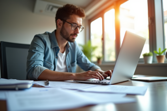 Bureau moderne lumineux avec professionnel travaillant