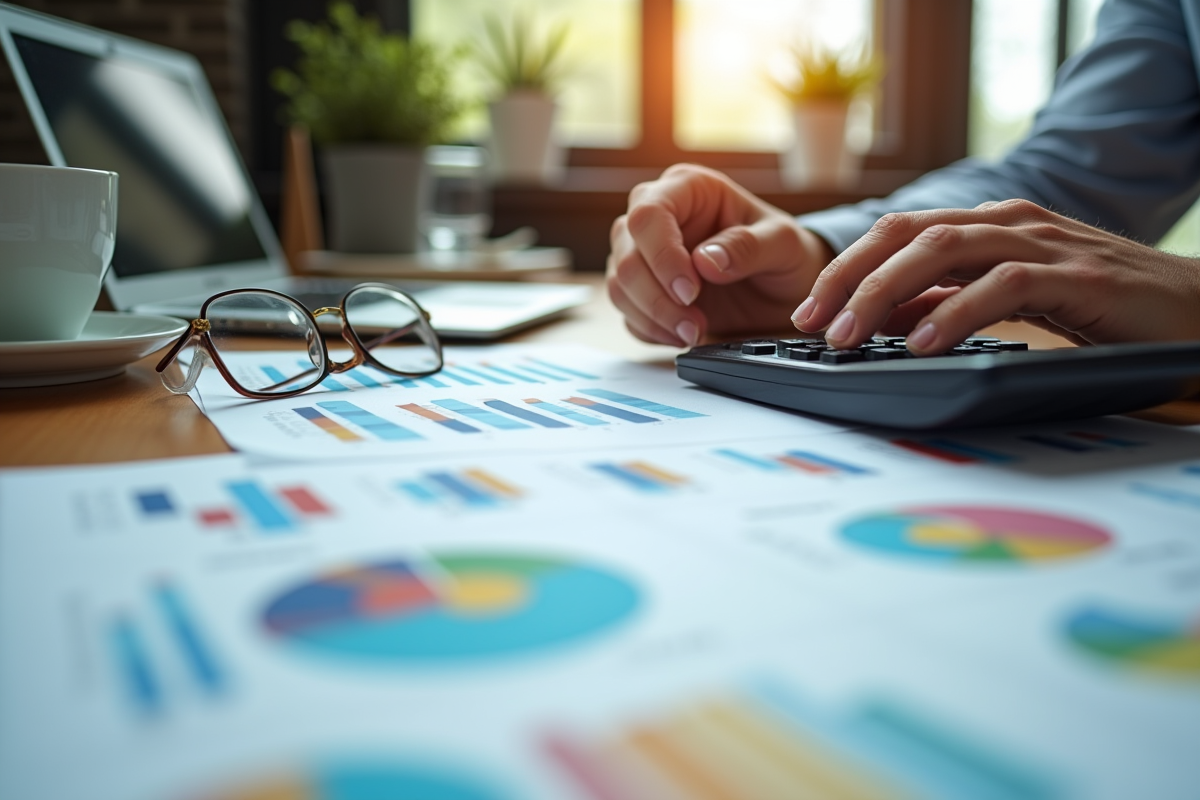 Mains utilisant une calculatrice avec graphiques colorés sur bureau