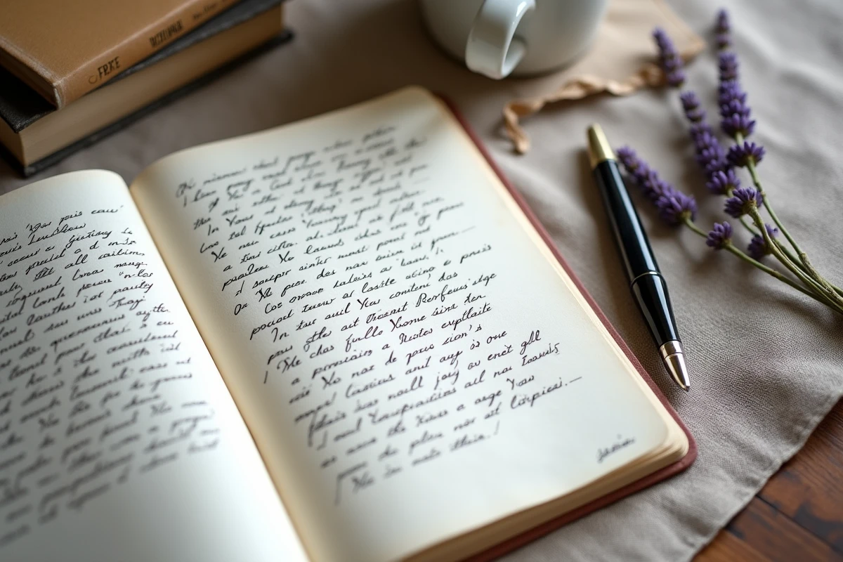 Vue aérienne d'un carnet de poésie ouvert avec des strophes de six vers en écriture manuscrite élégante sur une table en bois