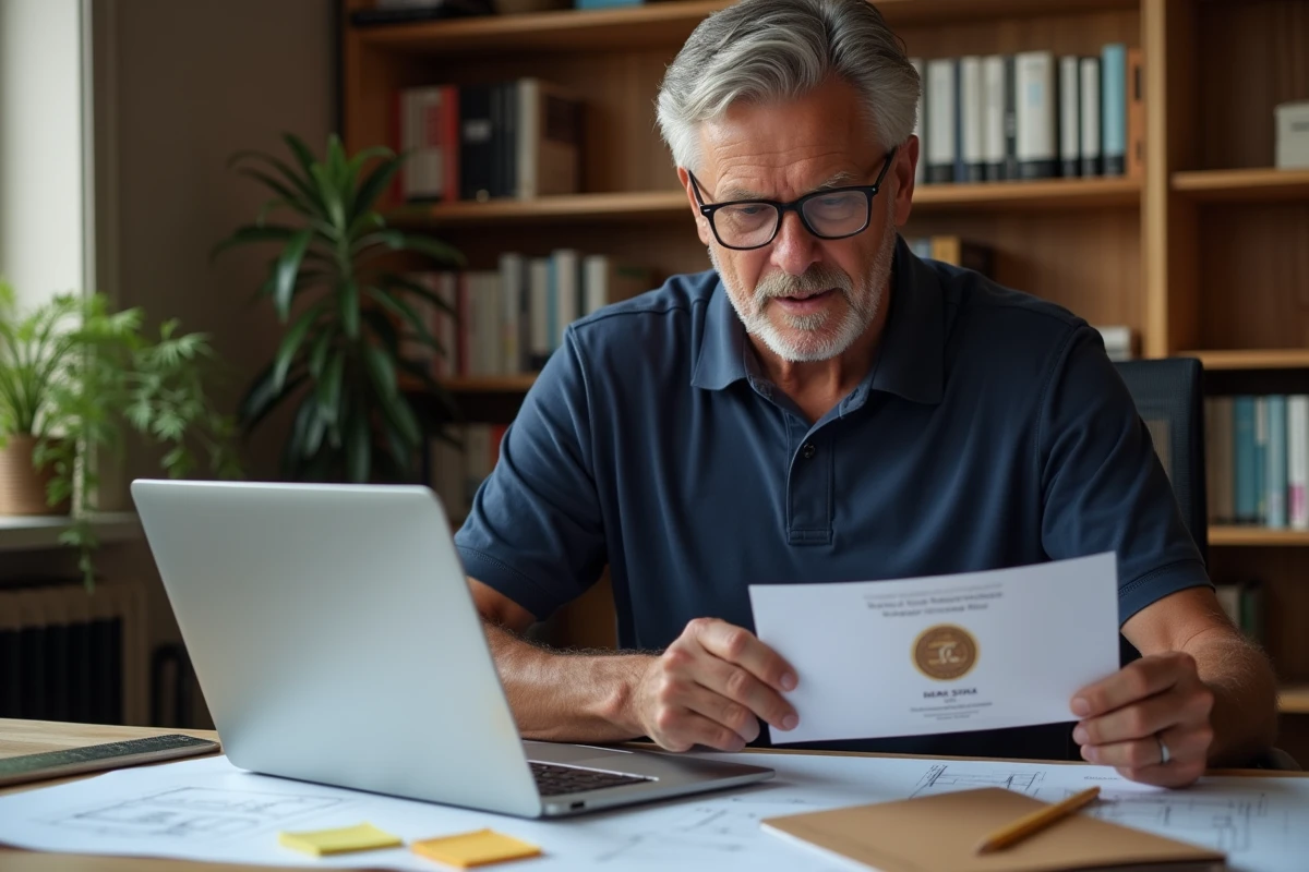 Homme adulte tenant un certificat de formation bricolage obtenu en ligne dans un bureau à domicile organisé