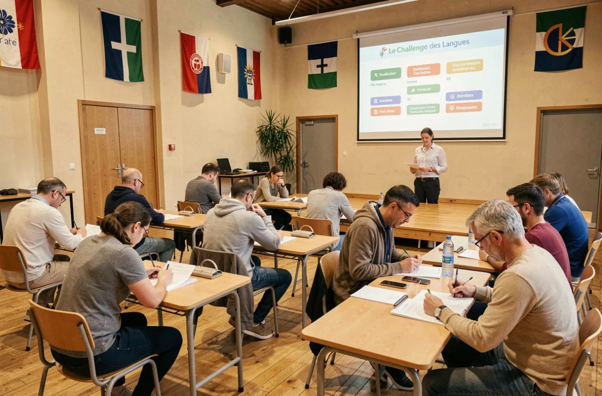 Compétition linguistique au Challenge des Langues à Toulouse avec des participants adultes concentrés sur des épreuves écrites