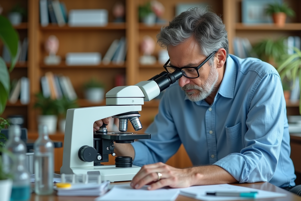 Chercheur examinent une lame au microscope dans une salle de classe