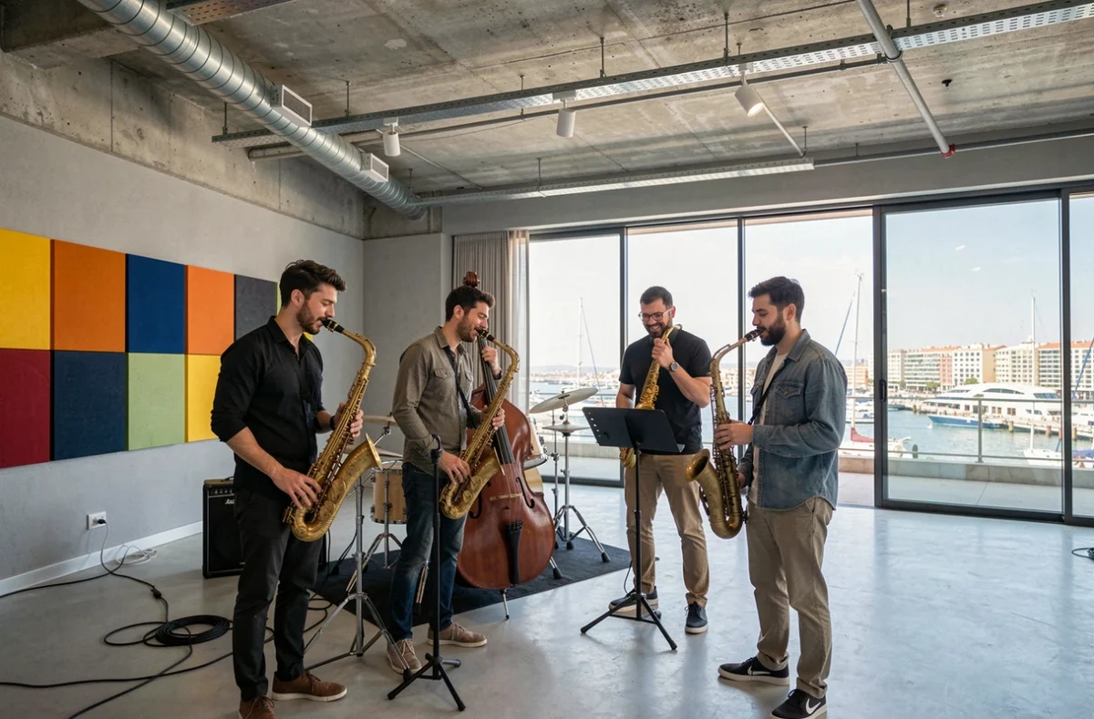 Quartet de jazz jouant dans l'espace de performance contemporain de la Cité de la Musique de Marseille avec vue sur le port