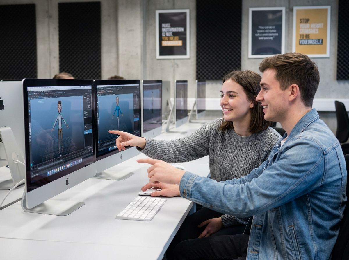 Deux étudiants en prépa animation collaborant sur un logiciel de rigging 3D en salle informatique