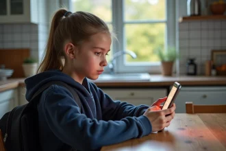 Collégienne utilisant l'ENT Mon e-collège sur smartphone dans une cuisine familiale