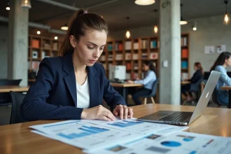 Jeune femme comparant des brochures d'écoles du digital dans un espace de co-working moderne, représentant une démarche de comparaison honnête entre formations numériques