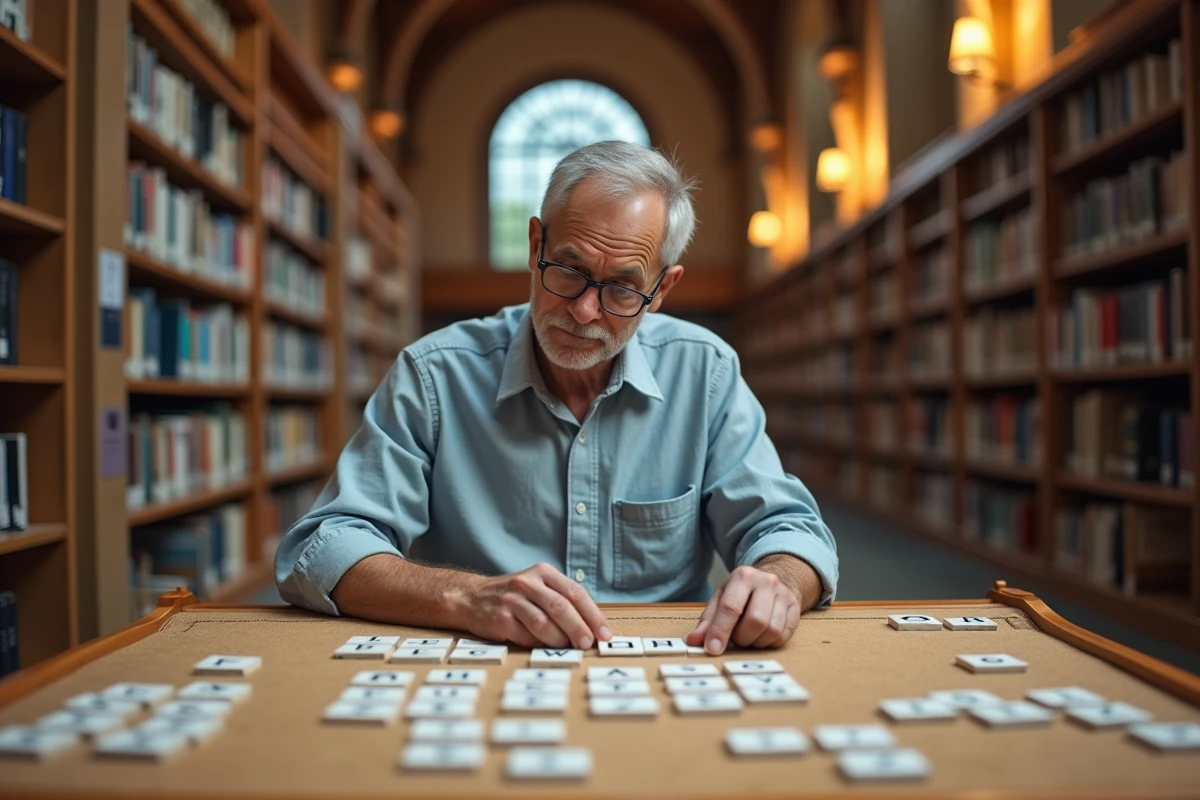 Homme arrangeant des tuiles de lettres avec des mots en Q dans une bibliothèque publique pour créer des jeux éducatifs
