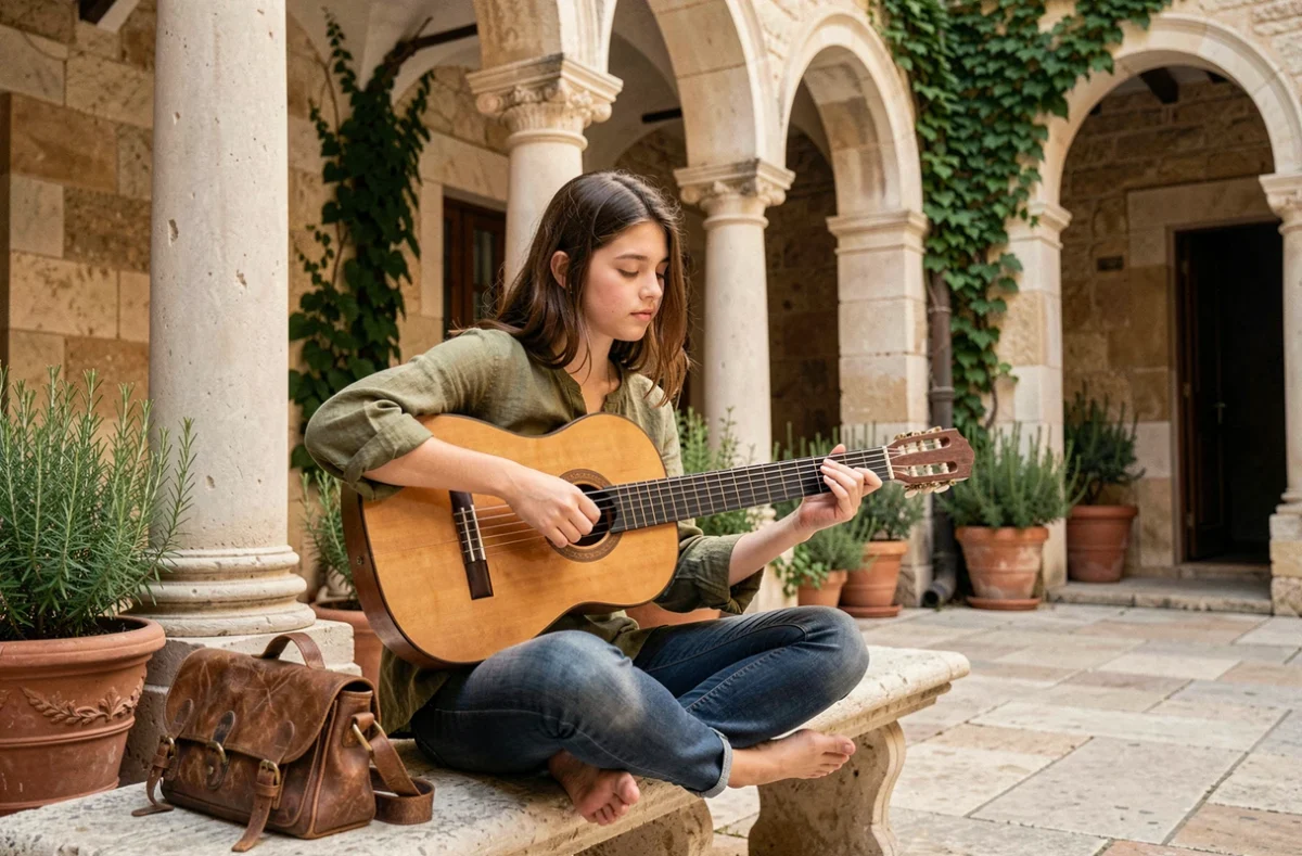 Adolescente jouant de la guitare classique dans le cloître du Conservatoire Darius-Milhaud d'Aix-en-Provence