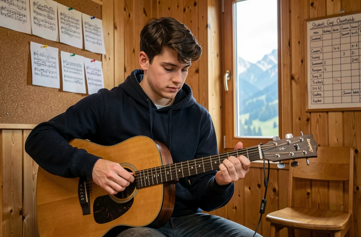 Jeune guitariste en répétition dans une salle du Conservatoire à rayonnement communal de Gap avec paysage alpin en fond