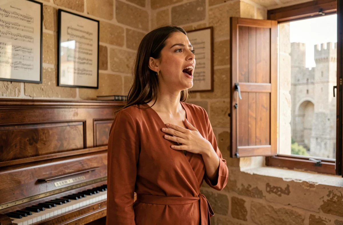 Jeune chanteuse répétant dans un studio du Conservatoire à rayonnement départemental d'Avignon avec les remparts en arrière-plan
