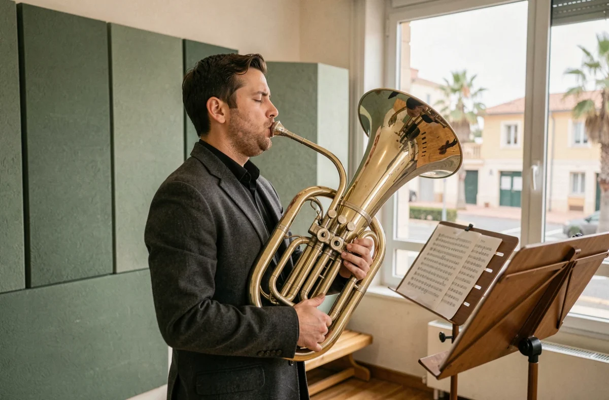 Musicien adulte jouant de l'euphonium dans une salle de répétition du Conservatoire à rayonnement départemental de Toulon