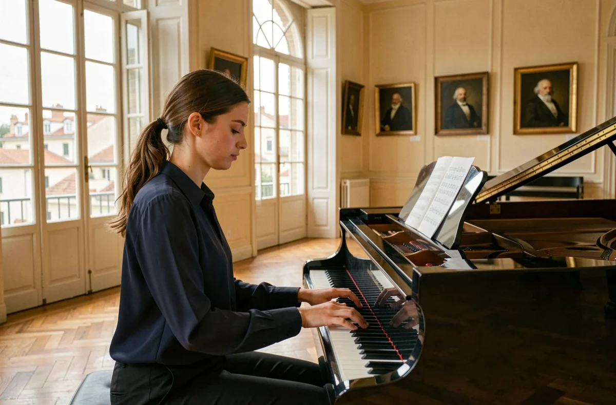 Jeune femme jouant du piano à queue dans la salle de répétition du Conservatoire à rayonnement régional de Marseille