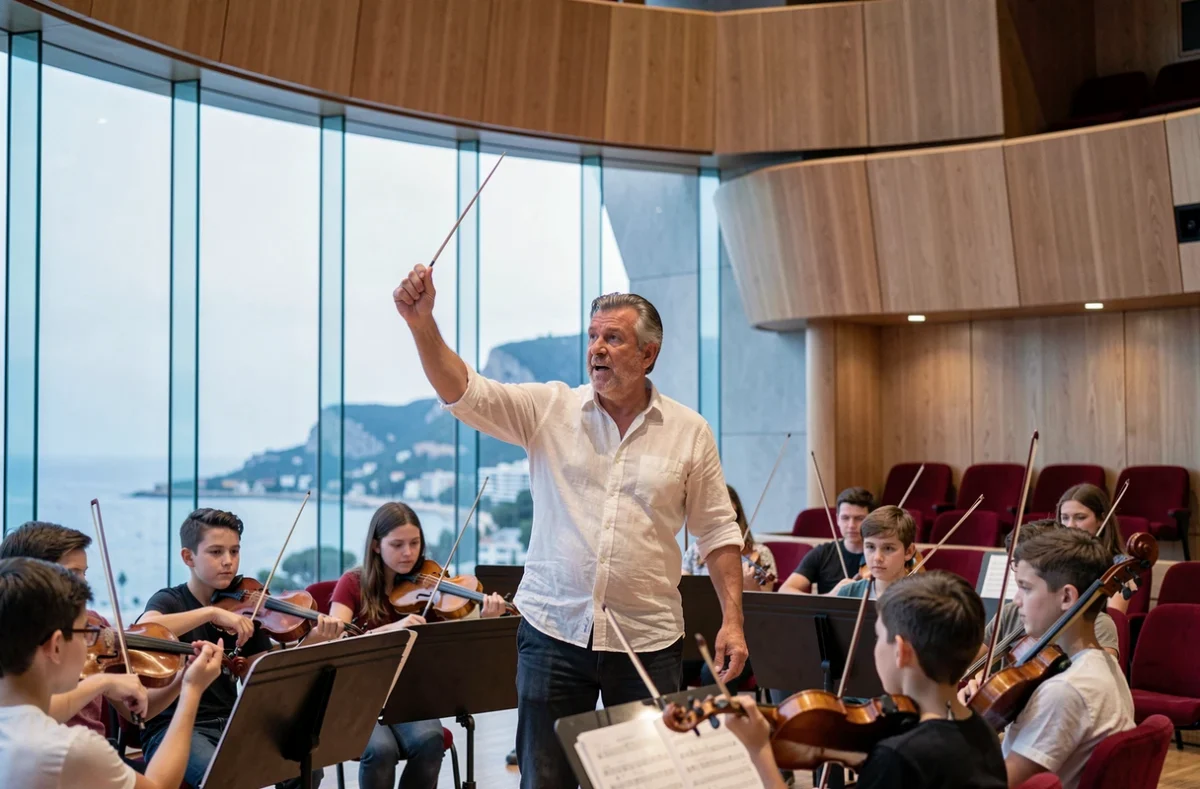Chef d'orchestre dirigeant un orchestre étudiant dans la salle de concert moderne du Conservatoire à rayonnement régional de Nice