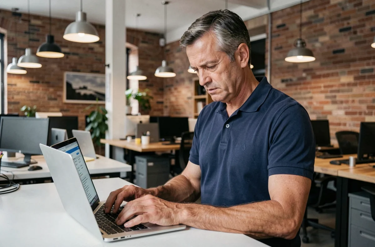 Homme consultant un annuaire professionnel en ligne sur laptop dans un espace de coworking moderne