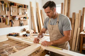 Homme adulte en tablier mesurant une planche en bois lors d'un cours de bricolage débutant en atelier