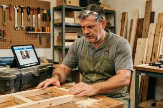 Homme adulte regardant un cours de bricolage en ligne sur une tablette dans son atelier maison