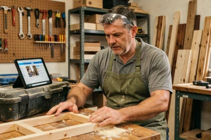 Homme adulte regardant un cours de bricolage en ligne sur une tablette dans son atelier maison