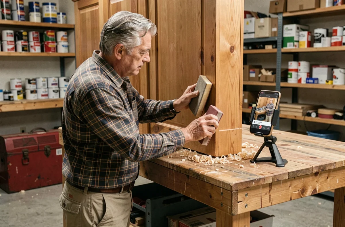 Homme expérimenté ponçant une porte en bois en suivant un cours de bricolage vidéo sur smartphone dans un garage