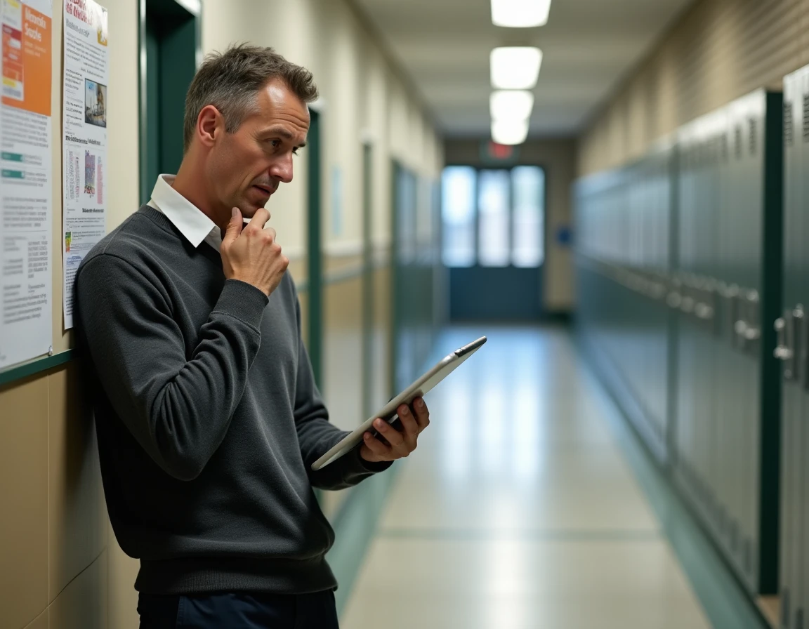 Conseiller principal d'éducation contractuel consultant une grille de rémunération sur tablette dans un couloir de lycée