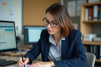 CPE contractuelle examinant une grille salariale dans un bureau administratif d'établissement scolaire en 2026