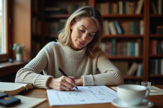 Femme remplissant une grille de mots croisés sur un bureau en bois entouré de dictionnaires et livres éducatifs