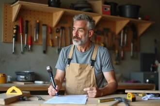 Homme débutant en bricolage tenant un tournevis devant un établi encombré d'outils dans un atelier maison, expression perplexe face aux instructions