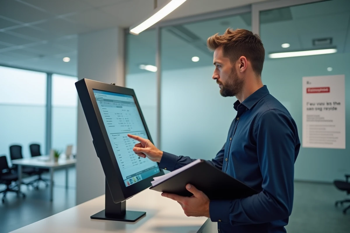 Homme utilisant une borne numérique pour déposer ses documents d'inscription à Pôle emploi dans une agence