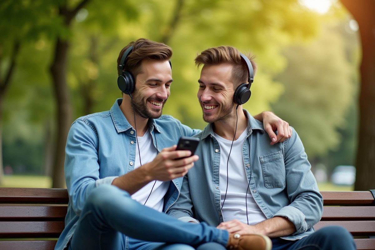 Deux hommes partageant un casque en écoutant un podcast dehors