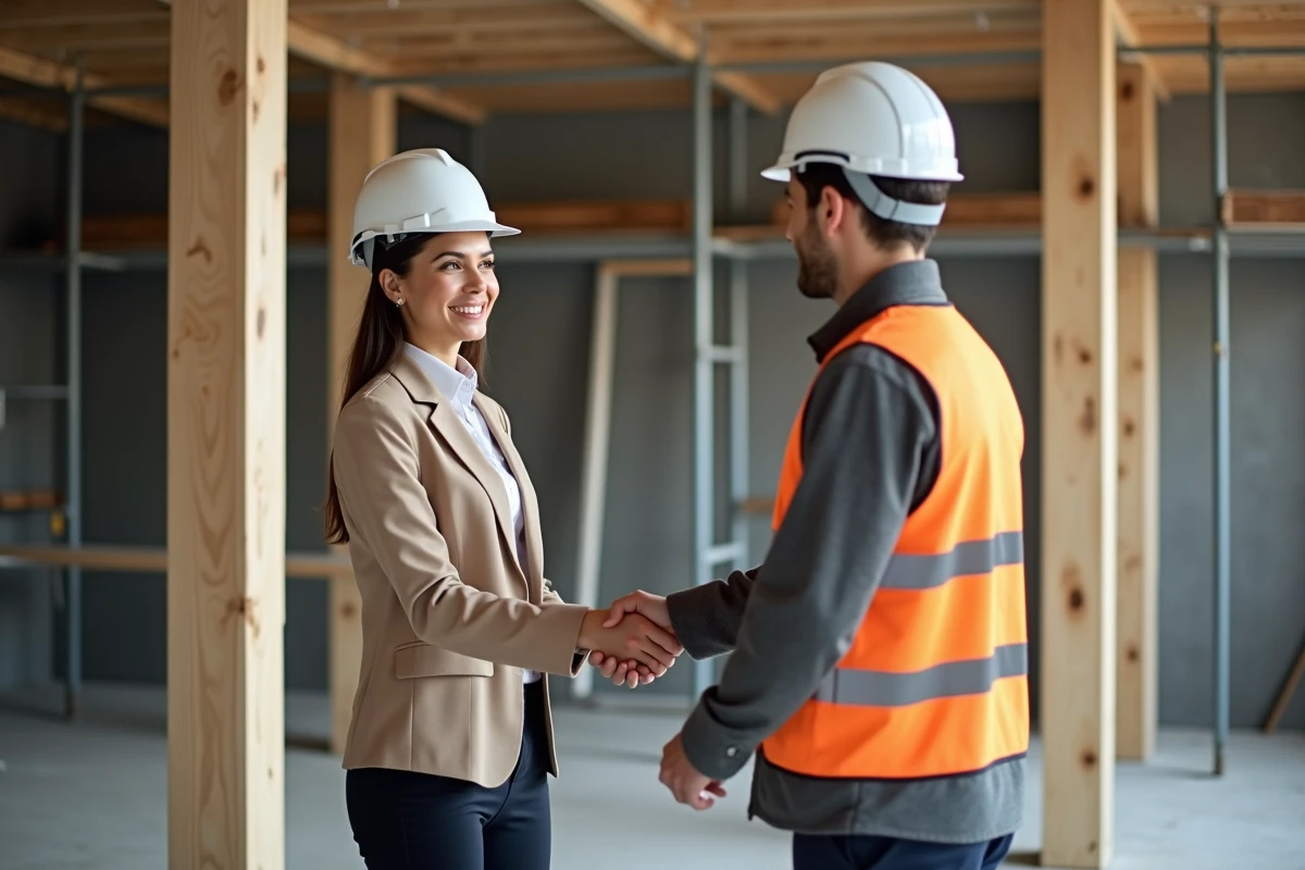 Diplômée en menuiserie serrant la main d'un recruteur sur un chantier, reconnaissance professionnelle après formation ecoledestravaux