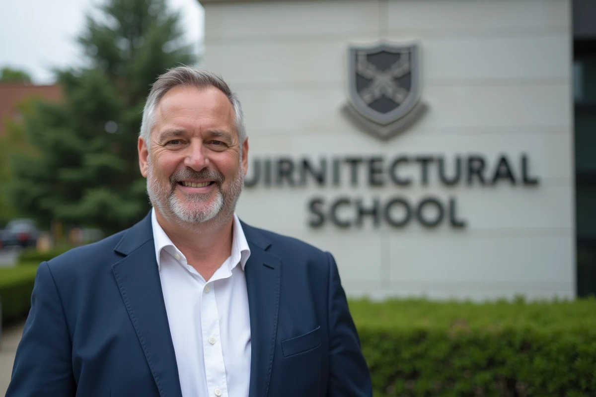 Directeur d'école devant la signalétique d'entrée avec logo institutionnel aux typographies modernes sur facade en pierre