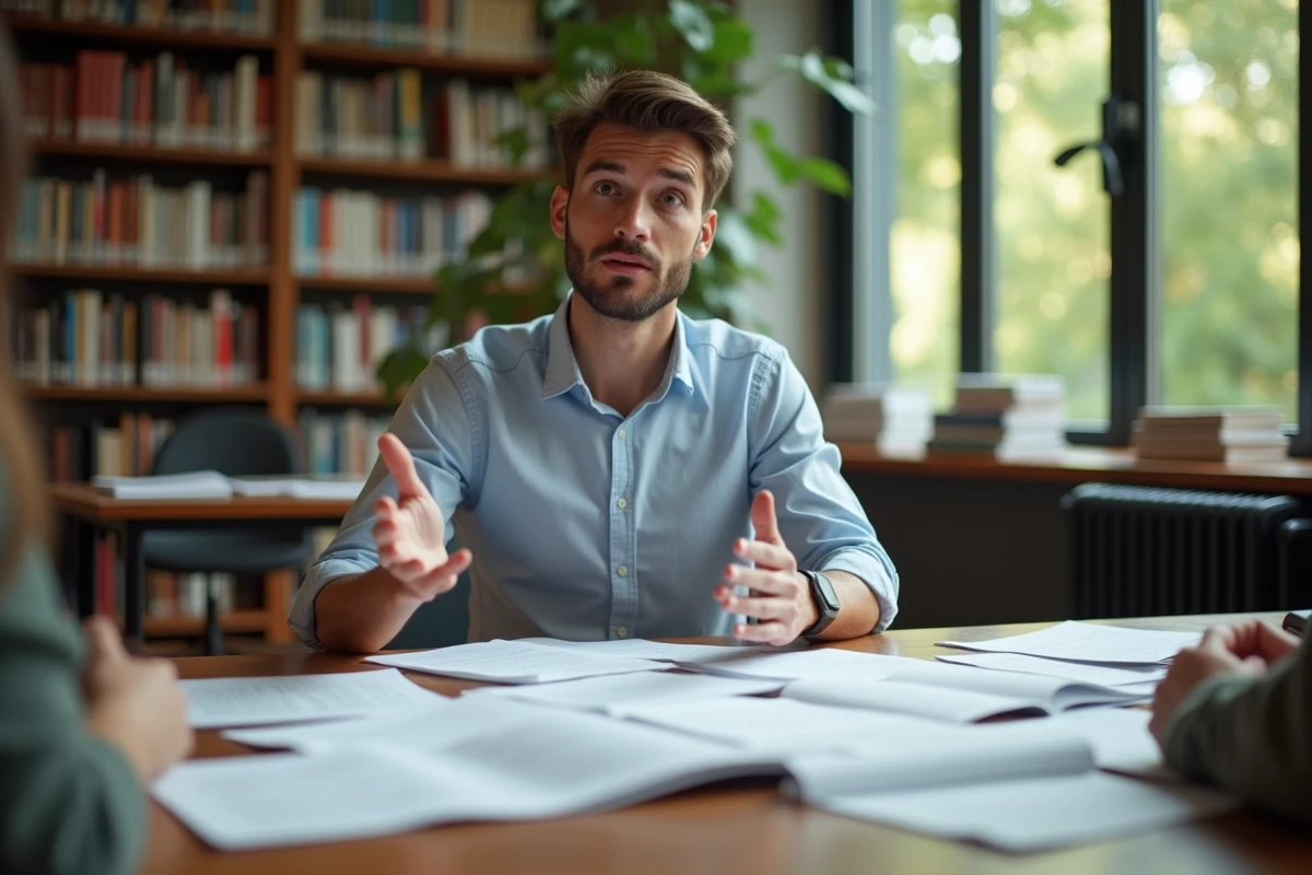 Jeune homme discutant avec livres et notes dans une bibliothèque