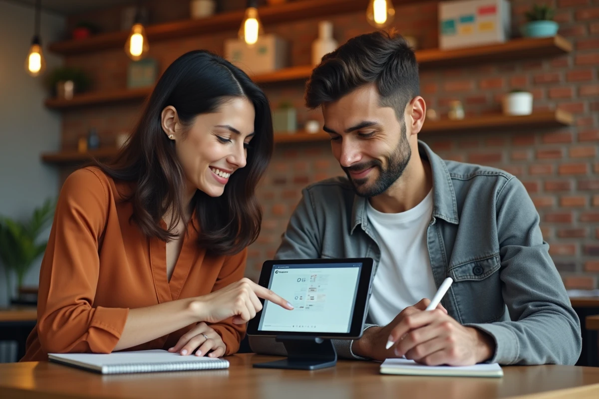 Deux personnes suivant ensemble une formation Canva gratuite sur tablette dans un café moderne, apprenant à créer des présentations impactantes